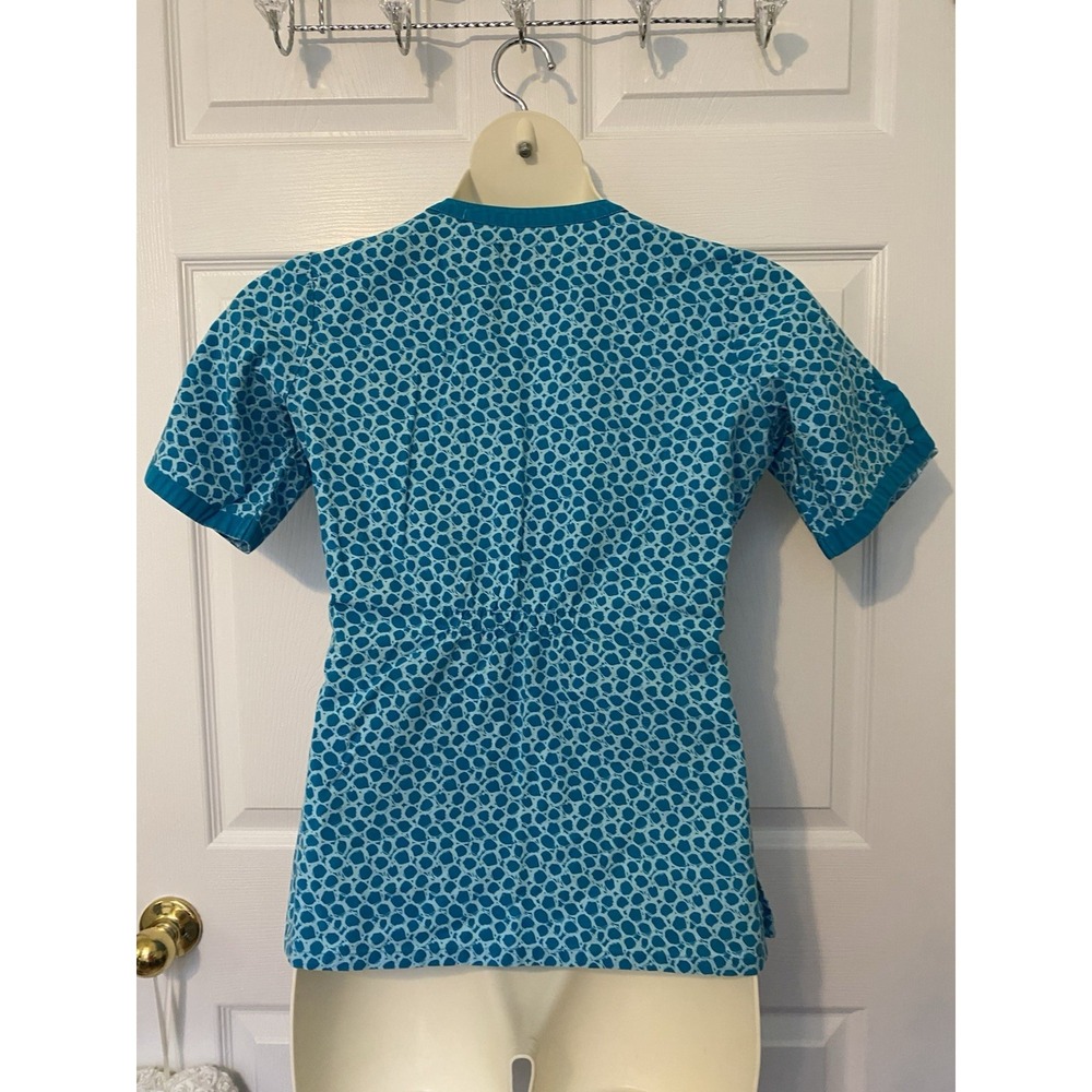 Peaches Small‎ Women's Scrub Top Teal Dot Print Blue Cute Sleeves - Picture 6 of 14